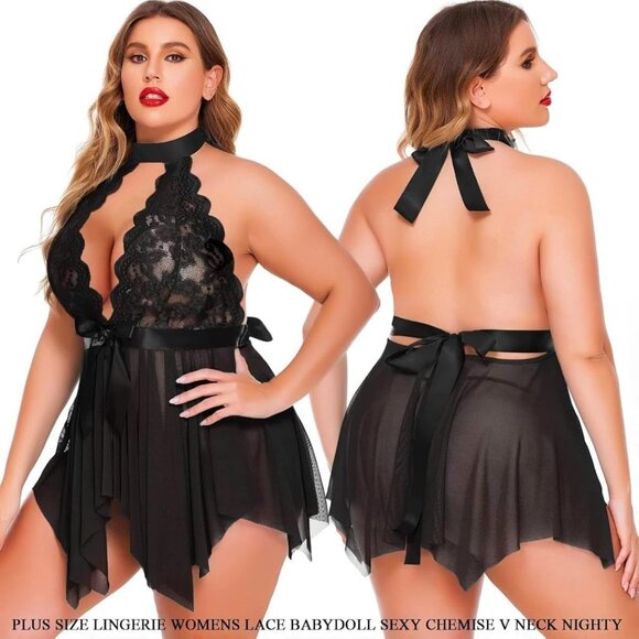 Avidlove Plus Size 16W High Waist Deep V Lace Babydoll Chemise With Mesh Skirt - Picture 4 of 7